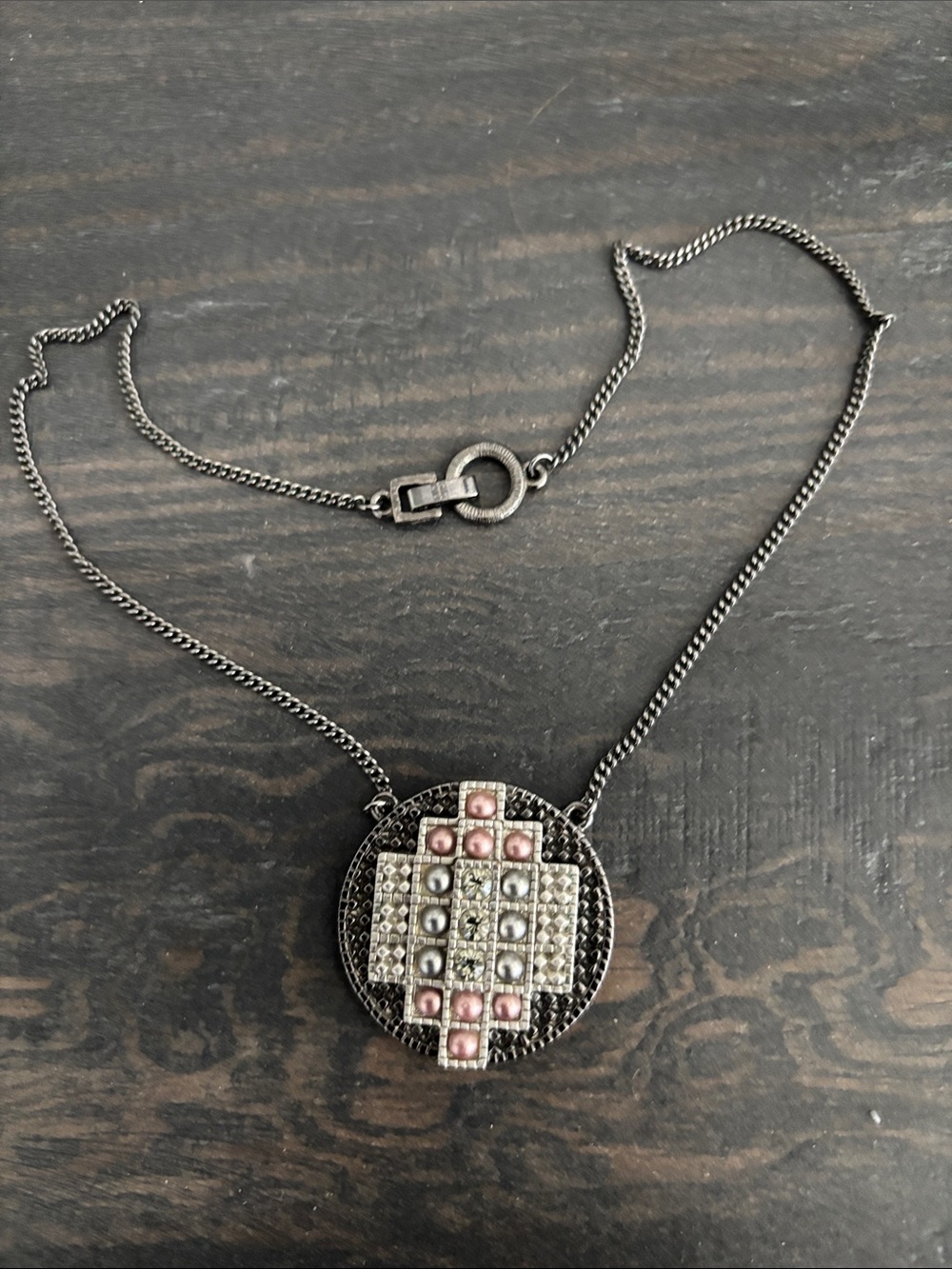 Givenchy Silver-Tone Round Pendant Necklace with Pink Accents